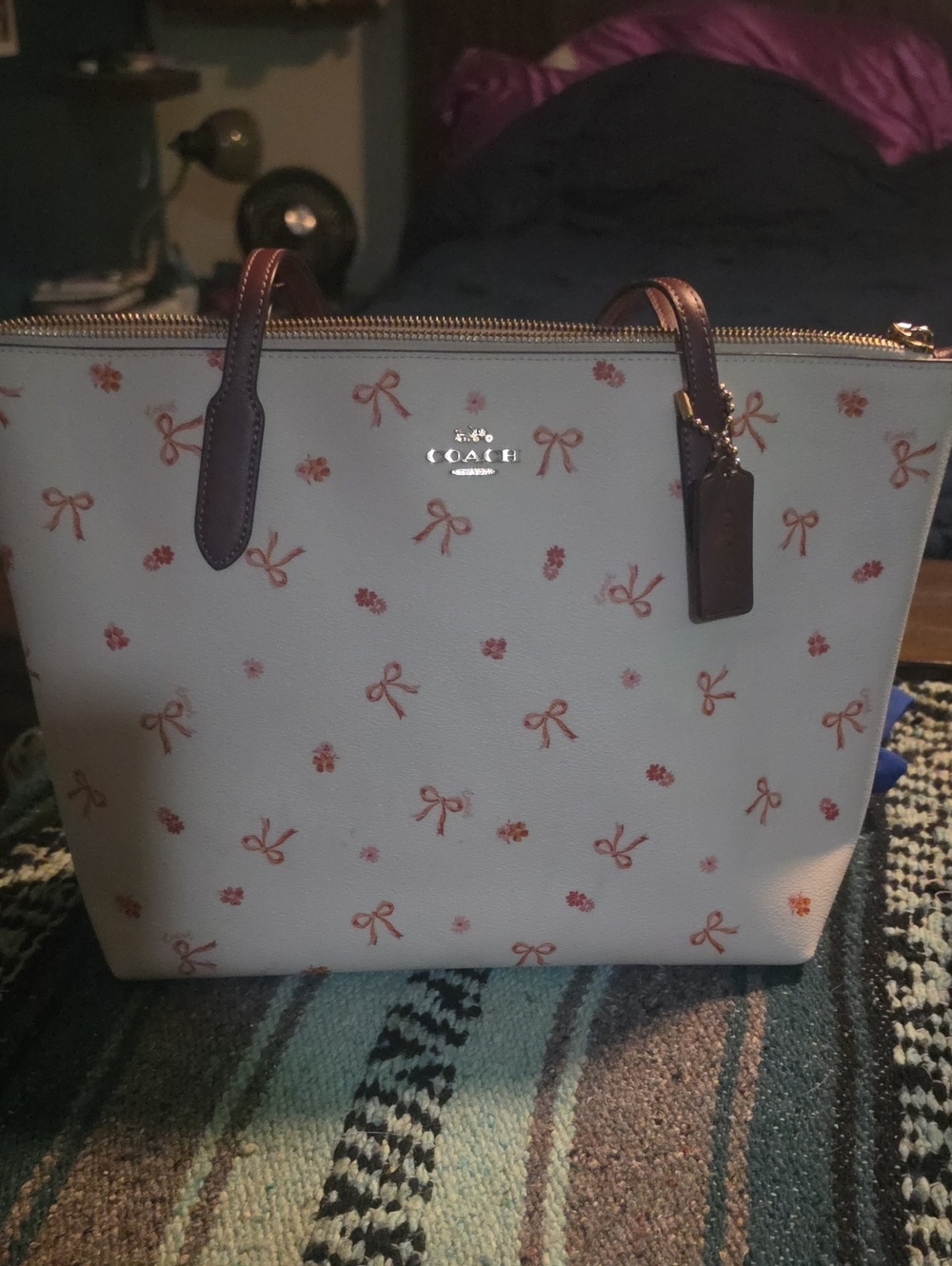 Coach Cream Tote with Pink Bow & Floral Print